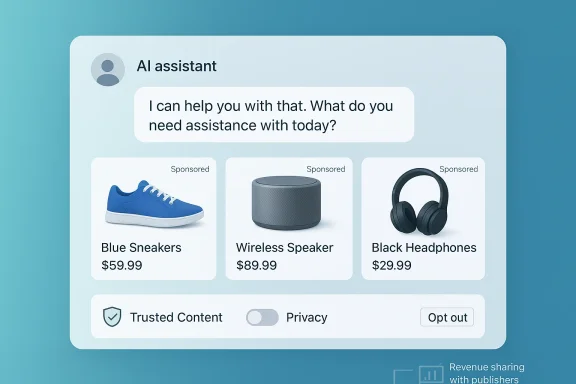 AI assistant chat UI with a help prompt and three sponsored items (sneakers, speaker, headphones) and privacy controls.