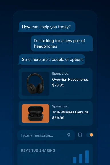 A dark blue chat app showing a help conversation and headphone product options.