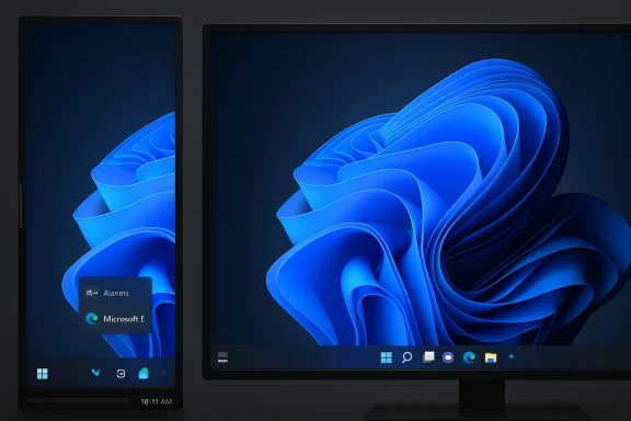 Windows 11 desktop and tablet side-by-side, displaying the signature blue swirl wallpaper.