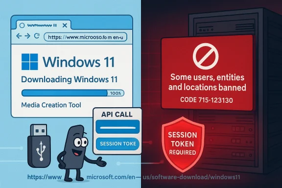 Split-screen illustration showing Windows 11 download on the left and a red ban notice on the right. Split-screen illustration showing Windows 11 download on the left and a red ban notice on the right.