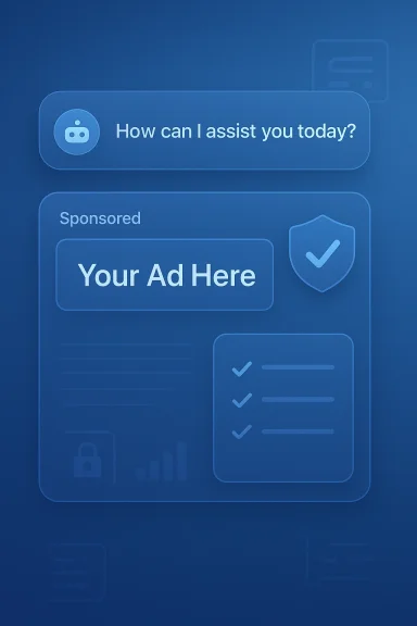 Blue gradient UI mockup featuring a chatbot prompt and a 'Your Ad Here' sponsored panel.