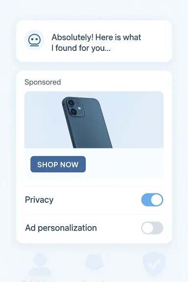 Light UI card featuring a chat prompt and a sponsored ad showing a phone and privacy toggles.