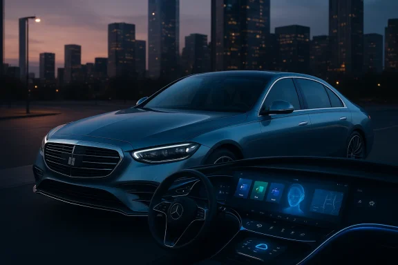Blue luxury sedan on a city street at dusk, dashboard glowing with digital displays.