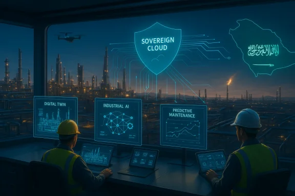 Two engineers monitor Sovereign Cloud holographic dashboards in a refinery control room.