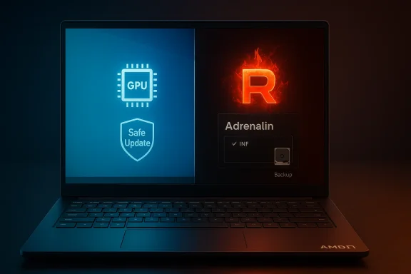 Laptop screen split: blue GPU Safe Update panel on the left and fiery Adrenalin R on the right.