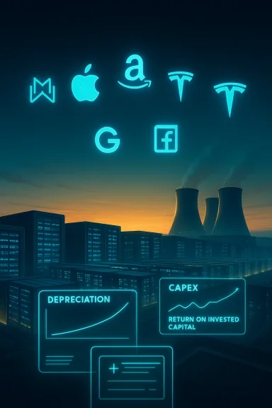 Neon tech logos float over a data center city with depreciation and CAPEX graphs.