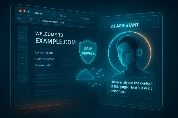 A futuristic AI assistant interface shows a headset-wearing agent beside a data privacy shield on a website.