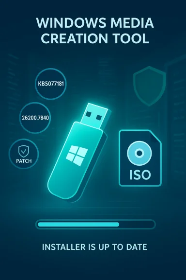 Windows Media Creation Tool interface showing USB drive and ISO progress.
