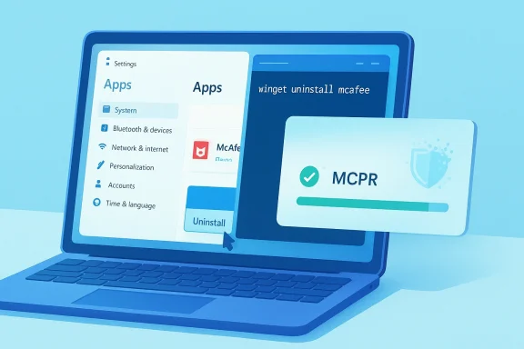 Laptop screen displaying Windows Settings with app list and a Winget uninstall of McAfee.
