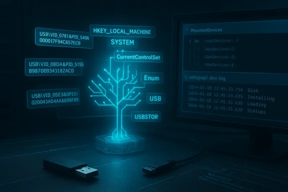 Blue holographic tree showing USB devices and system keys beside a computer monitor.