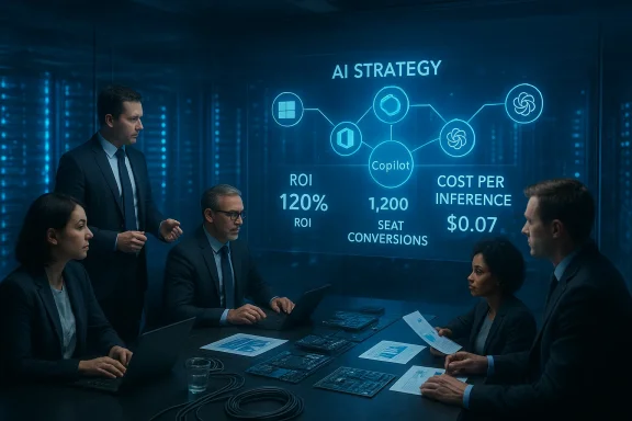 Corporate team reviews an AI strategy dashboard showing Copilot metrics.