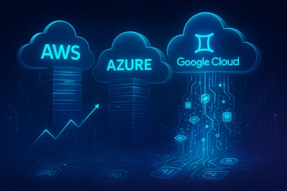 Neon blue clouds labeled AWS, AZURE, and Google Cloud connected by circuit lines.