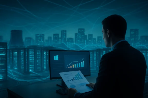 A businessman analyzes charts on a monitor against a futuristic cityscape.