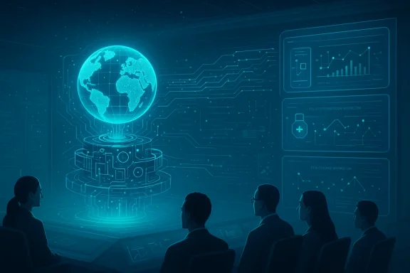A team watches a glowing holographic globe in a high-tech control room. A team watches a glowing holographic globe in a high-tech control room.
