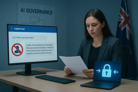 A professional woman reads a document at a desk with AI governance signage and a secure laptop.
