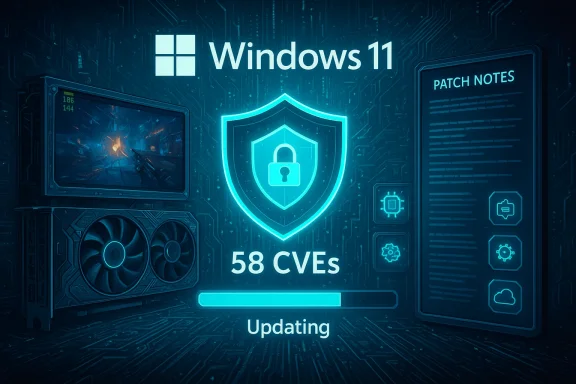 Windows 11 update in progress with shield icon, 58 CVEs, and patch notes.