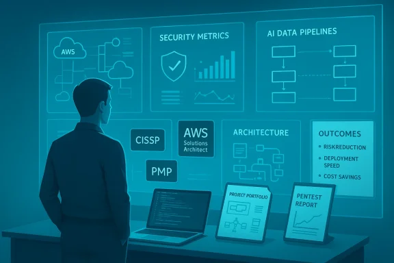 A person studies futuristic dashboards showing AWS, security metrics, and data pipelines.