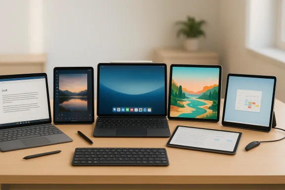 A multi-device workspace with a MacBook, several iPads, keyboards, and styluses.