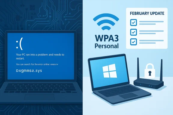 Split-screen tech scene showing a blue Windows error on the left and WPA3 security with updates on the right.