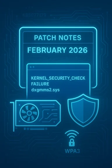 Neon blue tech graphic showing February 2026 patch notes and kernel_security_check_failure with GPU and shield icons.