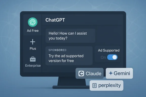 ChatGPT-style UI on a monitor with ads, a toggle, and logos for Claude, Gemini, and perplexity.