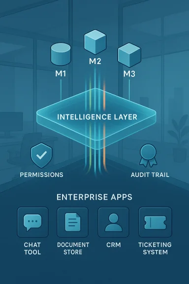 Infographic of an Intelligence Layer connecting M1, M2, M3 to permissions, audit trail, and enterprise apps.