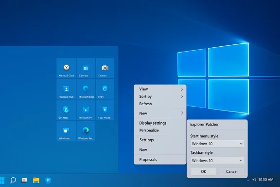 Windows 10 desktop featuring a tile-based Start menu and an Explorer Patcher settings dialog.