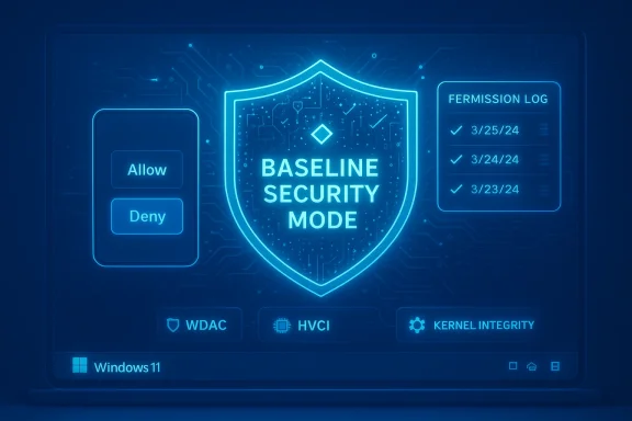 Blue neon security dashboard showing Baseline Security Mode on Windows 11.
