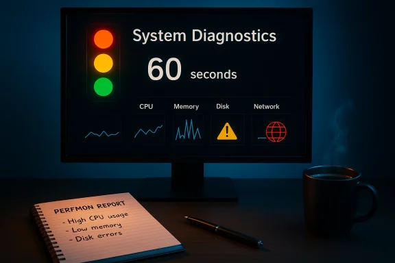 A dark desk with a monitor showing System Diagnostics and a 60-second timer, beside a notebook and coffee.