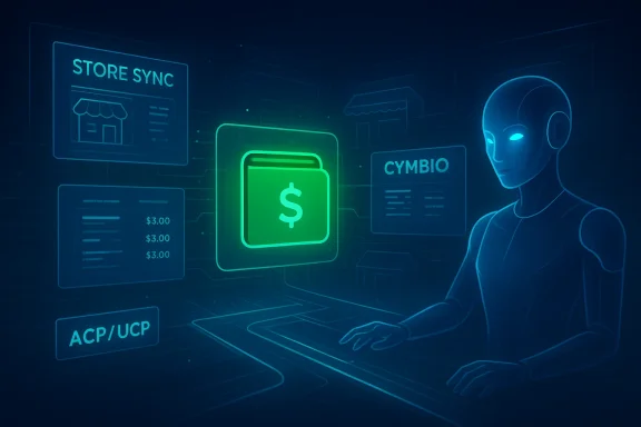 A neon holographic AI assistant oversees a store-sync dashboard with a glowing dollar icon.