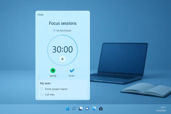 Blue focus timer card on a desk shows 30:00, Do Not Disturb, Spotify, To Do and tasks.