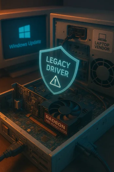 A retro PC shows a glowing Legacy Driver shield hovering over the GPU as Windows Update runs.