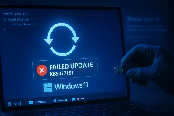 Blue-tinted Windows 11 screen shows a failed update (KB5077181) with a hand holding a USB drive.