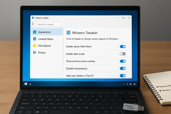 Laptop shows the Winaero Tweaker app with toggles; USB drive labeled Wingero Tweaker rests on the keyboard.