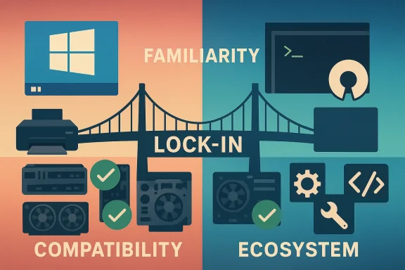 A split illustration shows a 'LOCK-IN' bridge linking familiarity, compatibility, and ecosystem in tech.