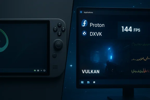 A handheld console sits beside a monitor displaying Vulkan, Proton, DXVK, and 144 FPS.