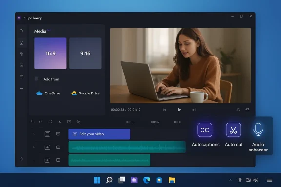 Clipchamp video editor UI on Windows with media presets and a timeline.