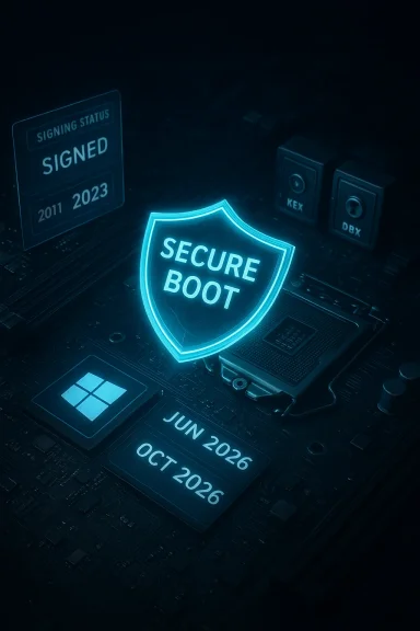 Glowing Secure Boot shield on a motherboard with signing status and dates.