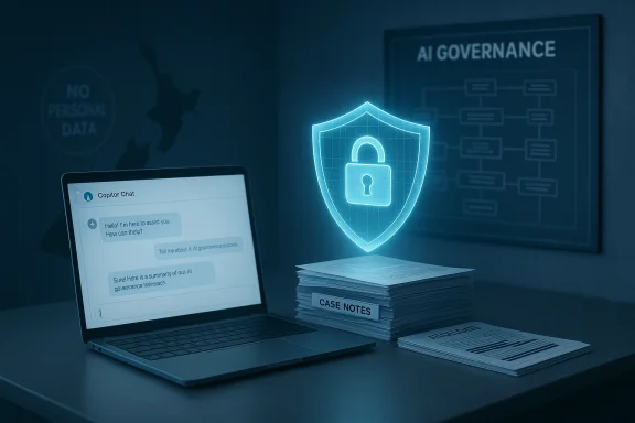 Laptop screen shows an AI governance chat as a glowing shield with a lock above case notes.