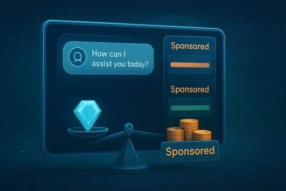 Futuristic blue display shows a chat prompt beside stacked ads and a gem on a balance.