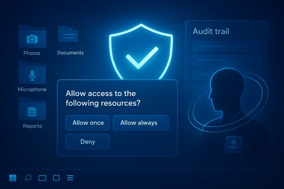 A security UI with a consent dialog asking to allow resource access (Allow once / Always / Deny).