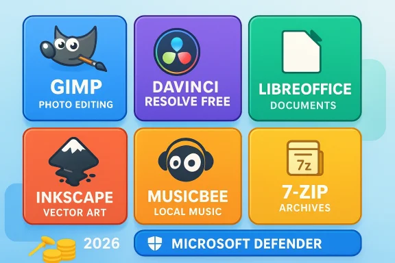 Colorful grid of software icons: GIMP, DaVinci Resolve, LibreOffice, Inkscape, MusicBee, 7-Zip, and Microsoft Defender.