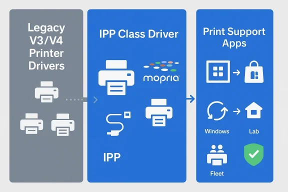 Infographic showing legacy V3/V4 printer drivers, IPP class driver, and print support apps. Infographic showing legacy V3/V4 printer drivers, IPP class driver, and print support apps.