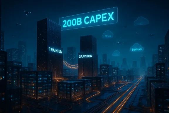 Neon-lit futuristic city with a 200B CAPEX sign above TRAINIUM and GRAVITON towers.