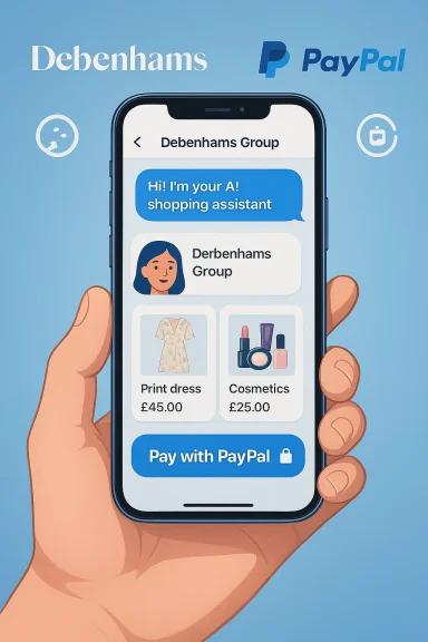 Phone screen shows Debenhams Group shopping assistant with dress and cosmetics tiles and PayPal checkout.