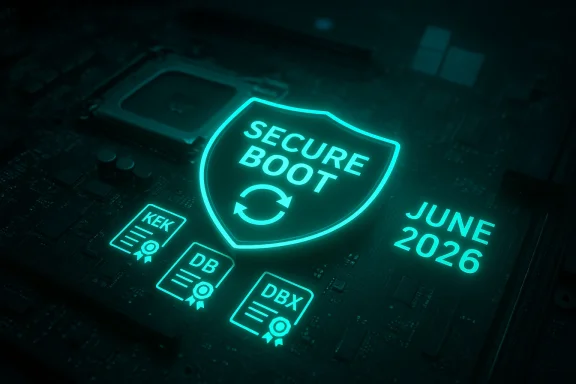 Glowing Secure Boot symbol on a motherboard, June 2026.