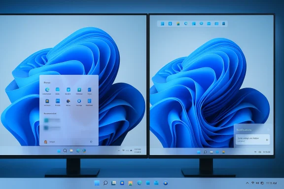 Dual-monitor setup displaying Windows 11 with a blue abstract wallpaper.