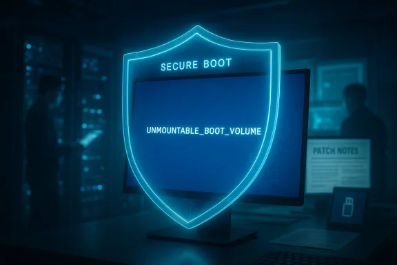 A glowing shield overlay shows Secure Boot while the screen reads UNMOUNTABLE_BOOT_VOLUME in a dim data center.