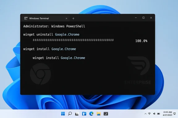 Windows Terminal (PowerShell) shows Google.Chrome uninstall and install with progress at 100%.