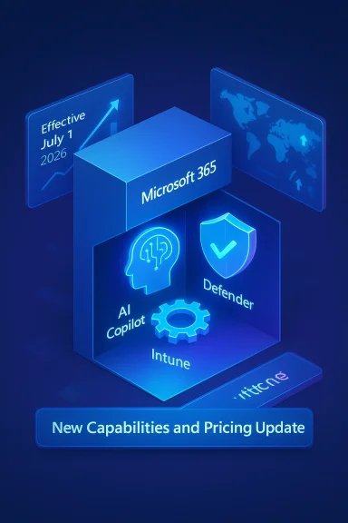 Blue holographic infographic highlighting Microsoft 365 features like AI Copilot, Defender, and Intune.